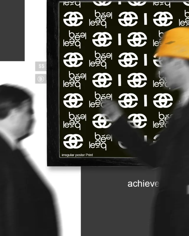 A figure in a yellow beanie faces a framed monogram poster on a gallery wall, captioned achieve.