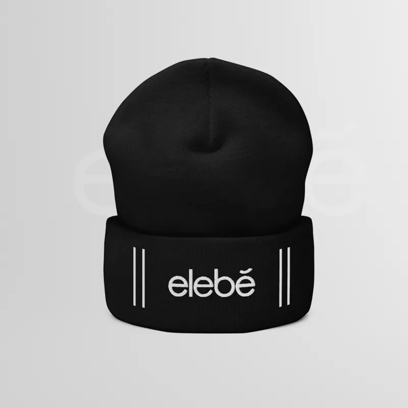 A black cuffed beanie, elebe embroidered in white on the cuff between two pairs of vertical bars.
