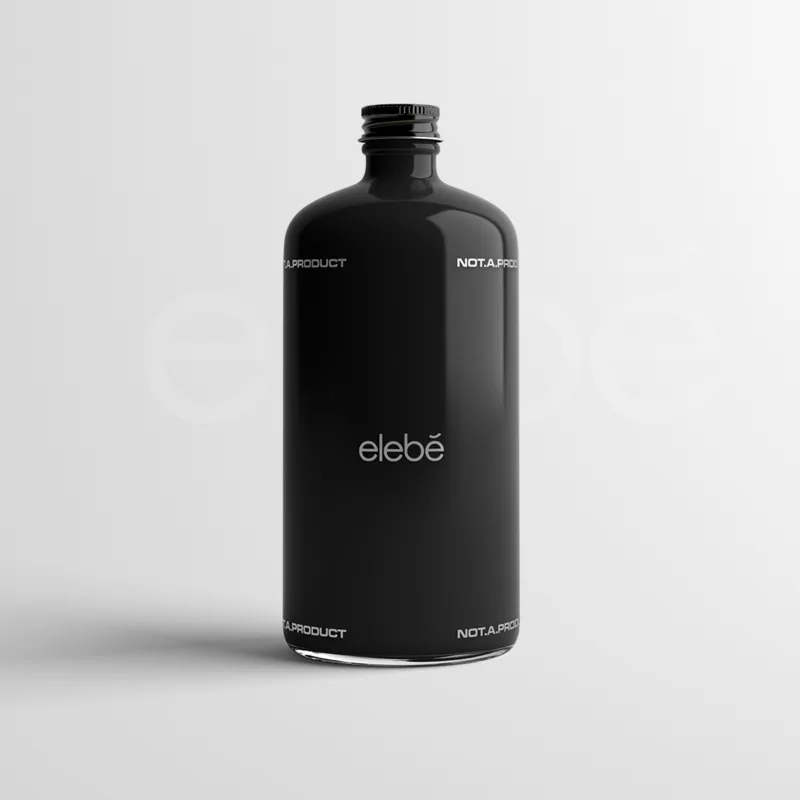 A glossy black bottle with a screw cap, the elebe wordmark centred and NOT.A.PRODUCT repeated around it.