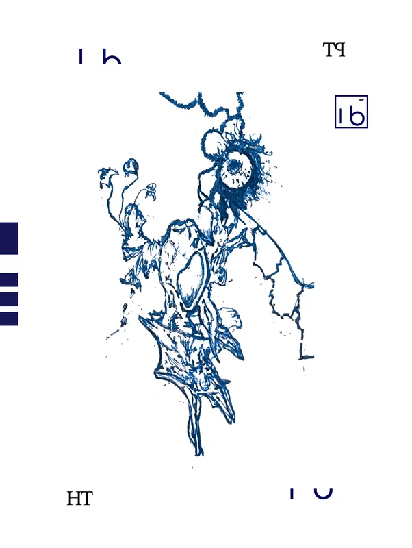 Poster: a blue ballpoint drawing of a flowering stem unravelling into a spiral head, on bare white paper, marked HT.