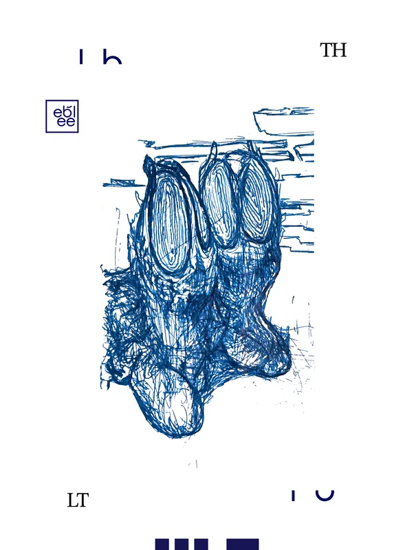 Poster: a dense blue ballpoint drawing of a clawed paw over ruled hatching, on bare white paper, marked LT.