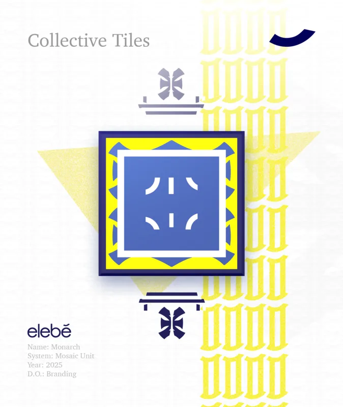 Poster: a yellow mosaic tile framing a blue centre panel, over a column of repeating yellow motifs, titled Collective Tiles.