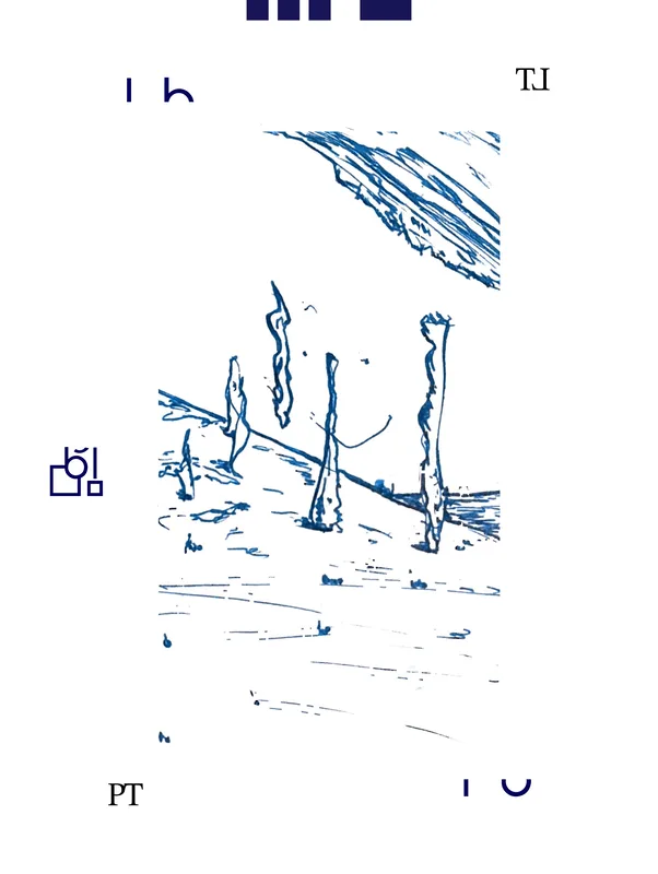 Poster: a blue ballpoint drawing of four bare posts on a slope under a hatched sky, on bare white paper, marked PT.