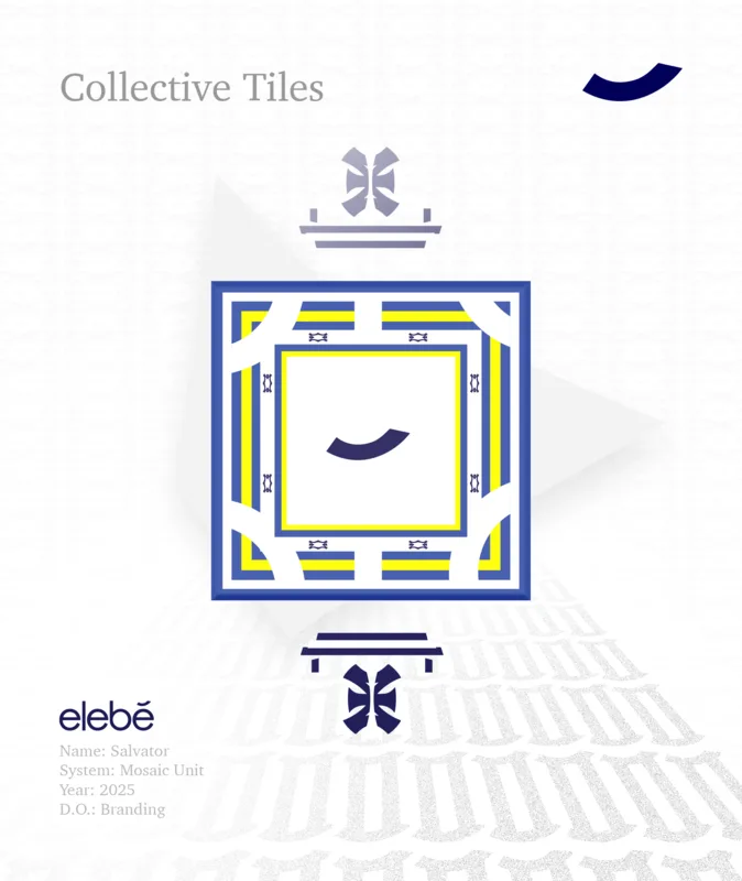 Poster: a white mosaic tile edged in blue and yellow around the elebe mark, over a pale grey field, titled Collective Tiles.