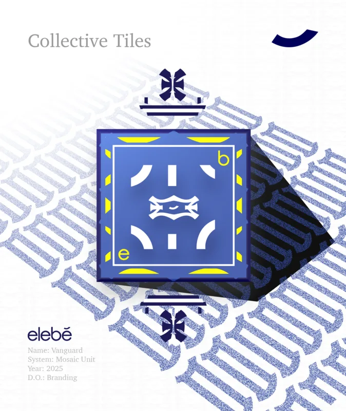 Poster: a cobalt blue mosaic tile with yellow and white inlay, tilted over a field of pale repeating motifs, titled Collective Tiles.